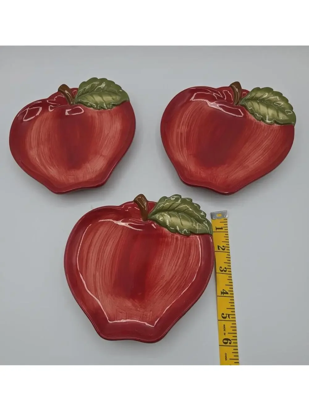 Set of 3 Red Ceramic Sur La Table Apple Shaped Dessert Plates